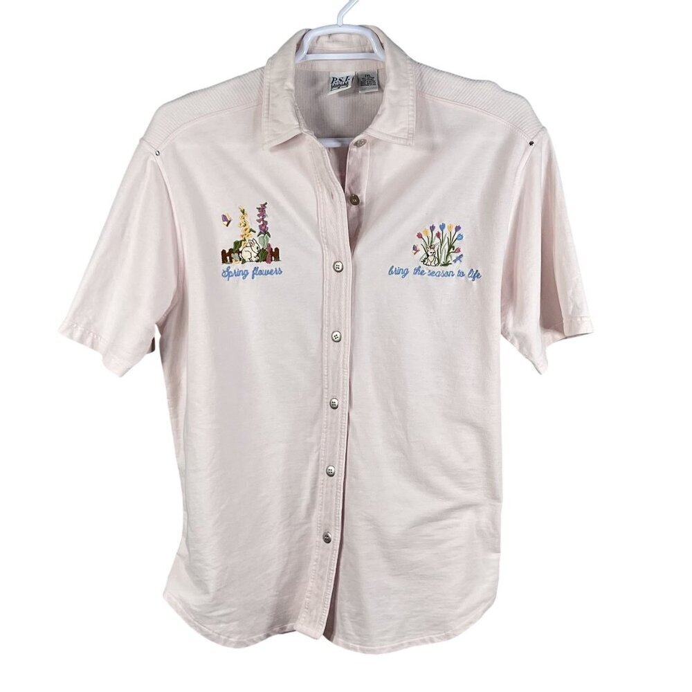 VTG Cotton P.S.I. 2XL Button-Up T-Shirt Embroidered Spring Flowers Easter Bunny